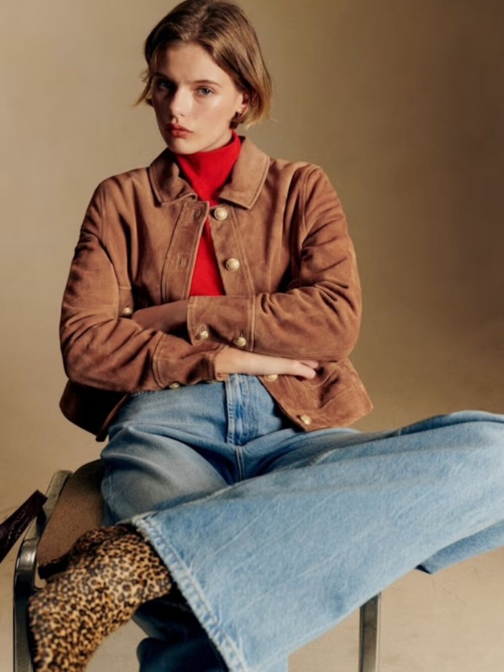 Sezane Tan Suede Leather Terry Jacket FR 34 | US XS